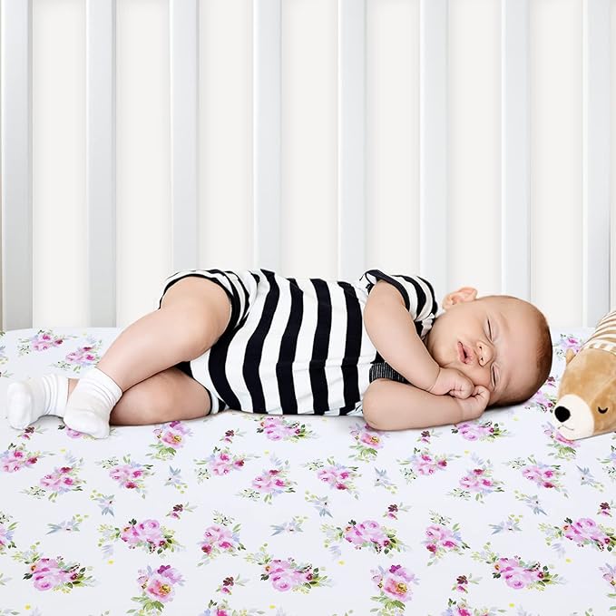 Crib Sheets Girls 2 Pack Floral, Fitted Crib Sheet for Standard Size Crib and Toddler Mattresses, Soft and Breathable Material, Floral