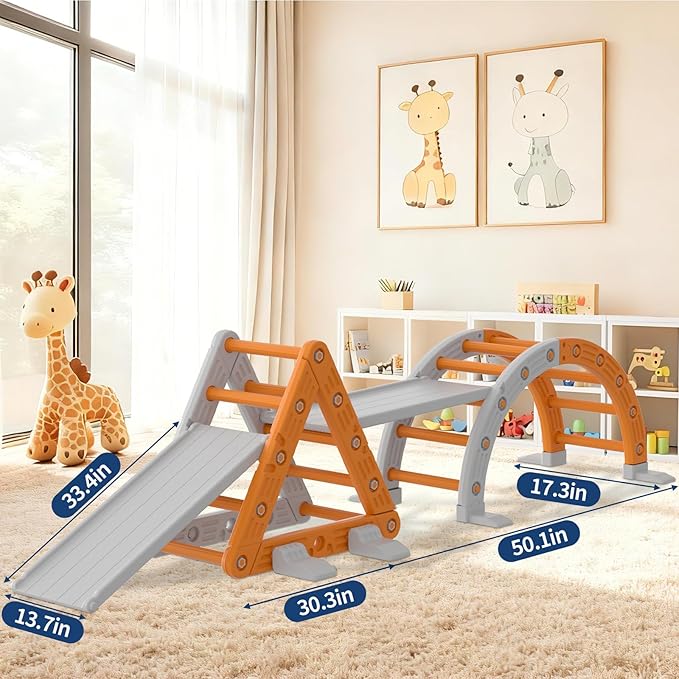 9-in-1 Pikler Triangle Set, HDPE PP Plastic Montessori Climbing Set, Durable 1-8 Toddler Climbing Toys Indoor with Arch, Ramp, Ladder & Slide, Indoor Playground Jungle Gym Playset for Toddlers, Orange