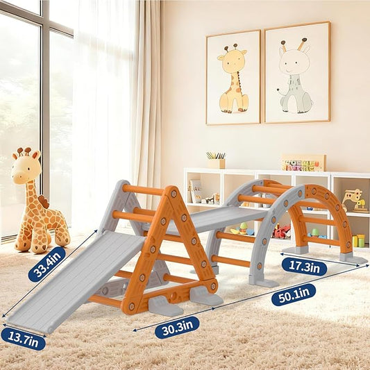 9-in-1 Pikler Triangle Set, HDPE PP Plastic Montessori Climbing Set, Durable 1-8 Toddler Climbing Toys Indoor with Arch, Ramp, Ladder & Slide, Indoor Playground Jungle Gym Playset for Toddlers, Orange