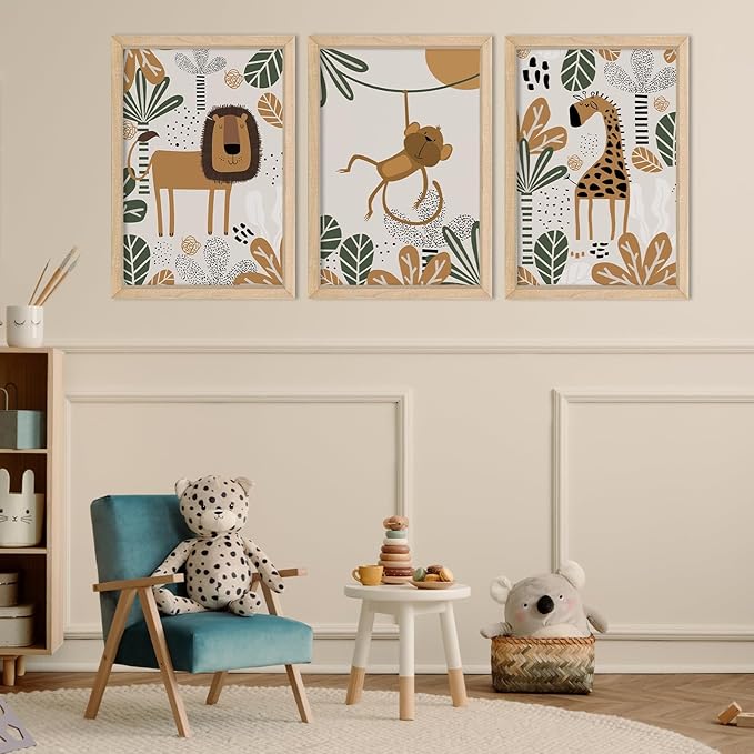 YWJKWLGS Kids Safari Animal Wall Art Set of 3 - Cartoon Lion Monkey Giraffe Prints - 11x16 inch Wood Framed Nursery Decor for Baby/Toddler Room - Boho Jungle Theme Kids Room Wall Decor (Wood)