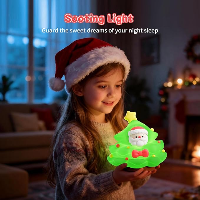 ICARER FAMILY Christmas Tree Night Light, Touch Control LED Lamp, Silicone Green with Yellow Star, USB Rechargeable, 3 Brightness with Auto-Off Feature, Indoor Bedroom Decor
