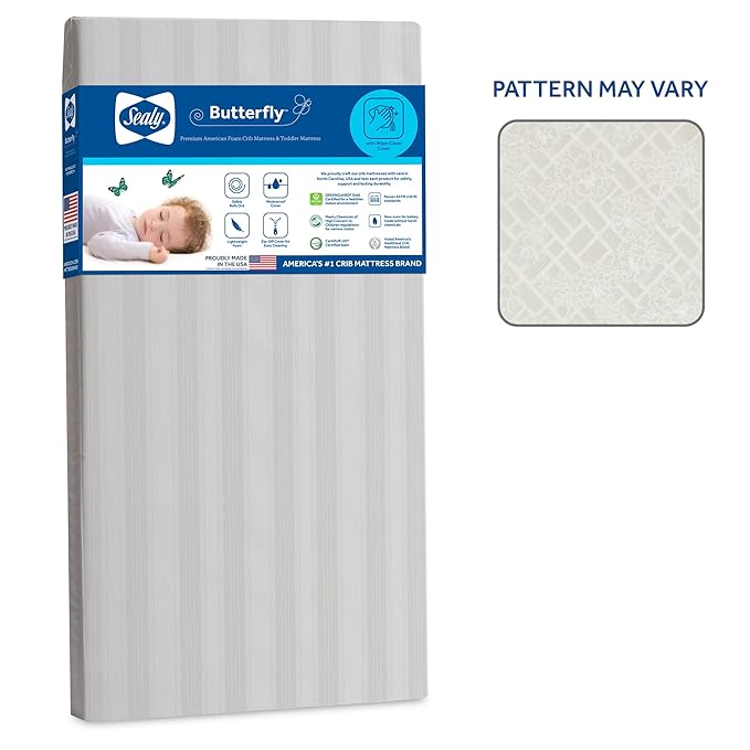 Sealy Baby Butterfly Crib Mattress plus Toddler Bed Fit, Premium American Foam, Washable Easy to Clean Zip Off Cover, GREENGUARD Gold Certified, Safety & Quality Tested, Made in USA, 52"X28" - Stripes