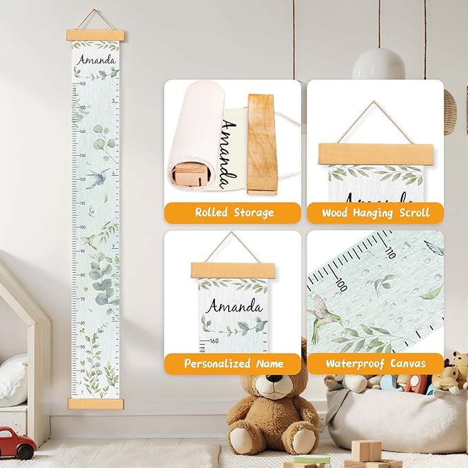 Woodemon Personalized Name Growth Chart for Wall, Eucalyptus Leaves Canvas Height Chart for Kids Baby Child Toddler Boys Girls, Canvas&Wood Growth Chart for Wall Room Nursery Decor,Easy Care