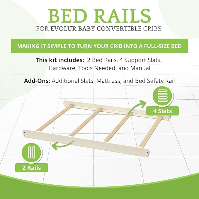 Full-Size Conversion Kit Bed Rails for Evolur Cribs - Solid Wood Crib Convertible Kit to Kids Bed - Transitional Style Rails & Easy-to-Install Child Essentials for Safety (Vanilla Bean)