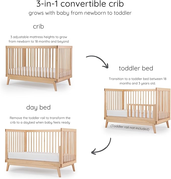dadada Baby Soho 3-in-1 Convertible Wooden Crib to Toddler Bed - Made in Italy, GREENGUARD Gold Certified, Baby-Safe Finish, Handcrafted Beechwood, Modern Design, 3 Adjustable Heights (Natural)