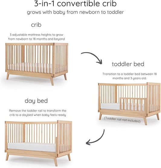 dadada Baby Soho 3-in-1 Convertible Wooden Crib to Toddler Bed - Made in Italy, GREENGUARD Gold Certified, Baby-Safe Finish, Handcrafted Beechwood, Modern Design, 3 Adjustable Heights (Natural)