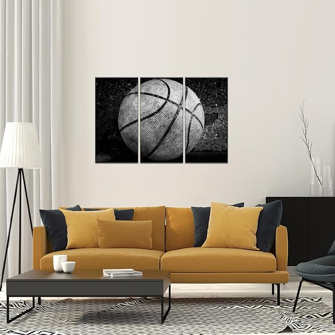 Nachic Wall Large 3 Panels Basketball Canvas Wall Art for Boys Room Vintage Black and White Sport Basketball Picture Posters Print for Gym Teenage Boy Bedroom Man Cave Decor Each Panel16x32Inch