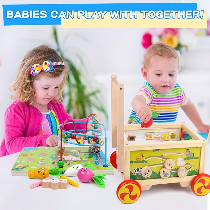 Wooden Activity Cube 7-in-1 Montessori Toy Multipurpose Educational Learning Toy for 1+ Year Old Baby Toddler Kid Boy First Birthday Gift Bead Maze Gear Number Animal Board Carrots Harvest Game