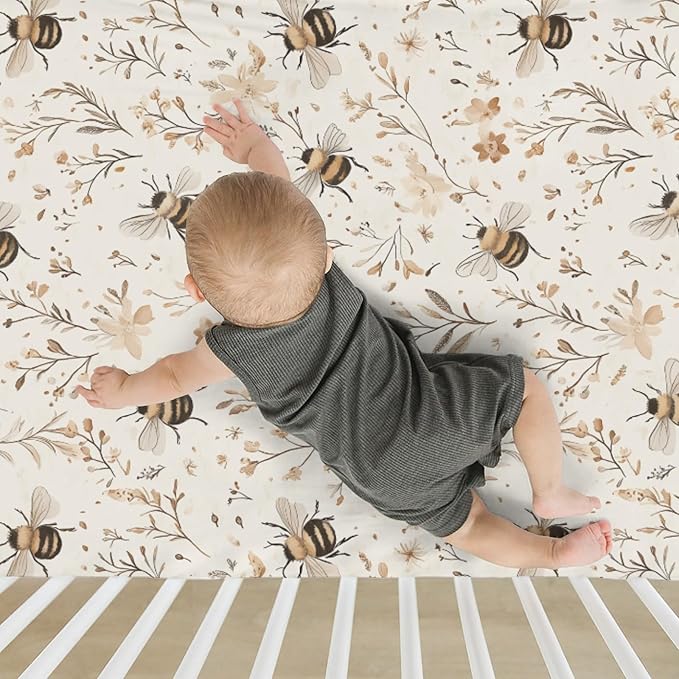 Vintage Bees Boho Flowers Baby Crib Sheets for Boy Girl 52x28Inch Retro Bees Floral Soft Stretchy Fitted Crib Mattress Cover Spring Summer Baby Sheet Fits Unisex Standard Bed and Toddler Mattress