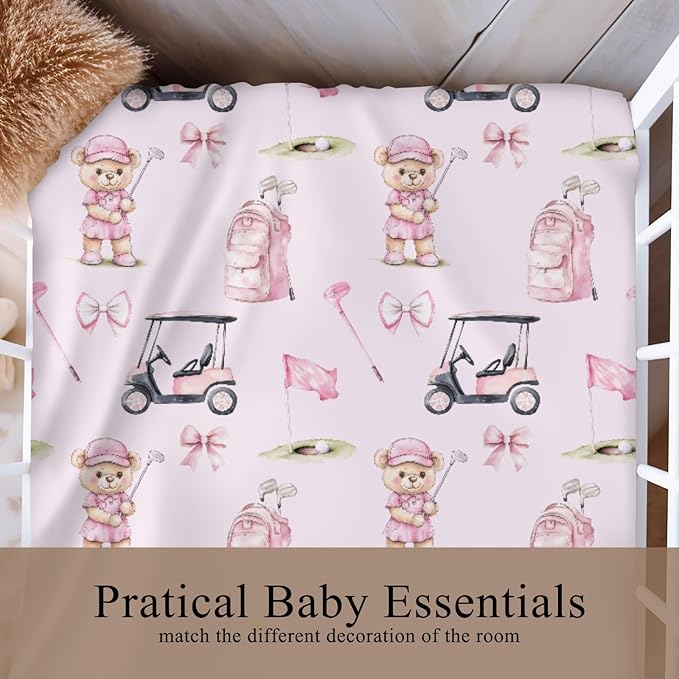 Cute Golf Bear Balls Cart Club Pink Baby Crib Sheet for Boys & Girls 52x28x9 in Bears Bows Golfing Bag Sport Fitted Crib Mattress Cover for Golfs Lover Gift Bed Sheet Bear One Size