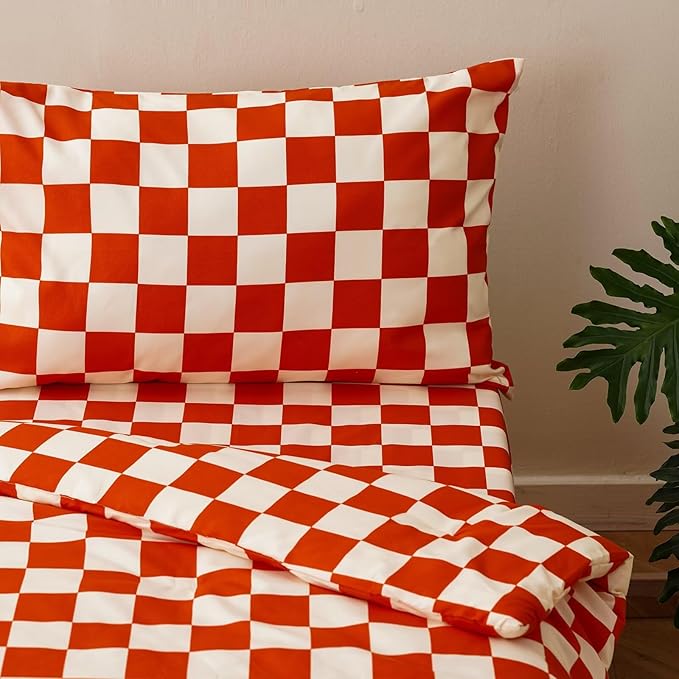 CLOTHKNOW Plaid Toddler Bedding Sets for Boys Girls, 4Pieces Rust Beige Grid Pattern, Soft Crib Bed Set Including Comforter, Flat Sheet, Fitted Sheet and Pillowcase, Rust Beige
