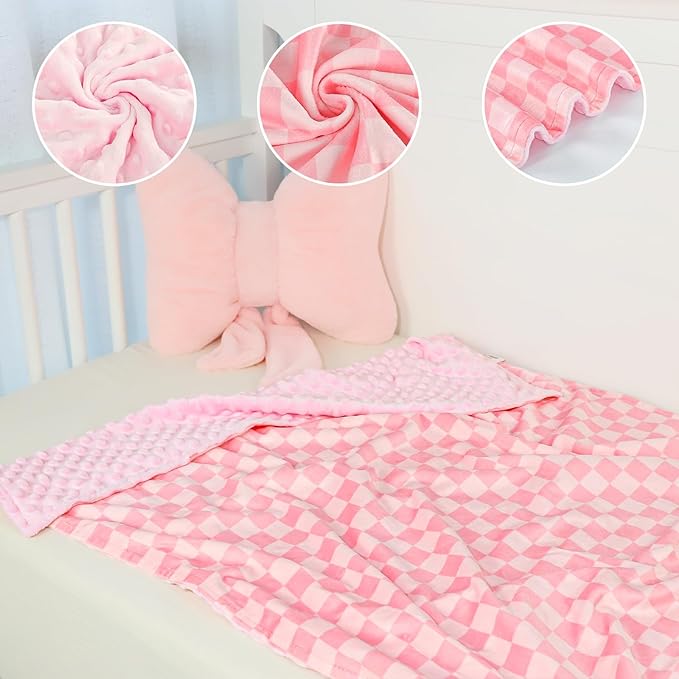 Baby Blankets for Girls, Toddler Newborn Blanket Double Layer with Dotted Backing Crib Receiving Blanket for Toddler Nursery Bed Blanket, Pink Checkered, 30x40 Inches