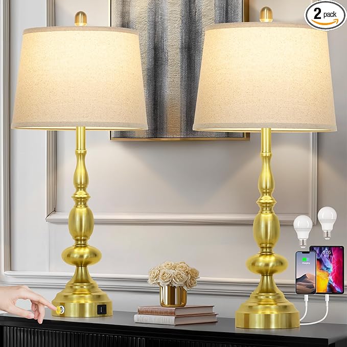 29" Modern Table Lamps Set of 2, Gold Touch Control 3-Way Dimmable Bedside Lamp with USB C+A Ports, Industrial Metal Farmhouse Nightstand Lamps for Living Room Bedroom End Tables(2 LED Bulbs Included)