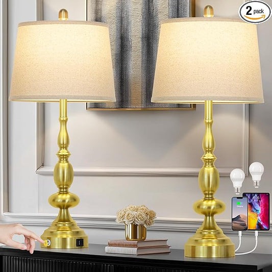 29" Modern Table Lamps Set of 2, Gold Touch Control 3-Way Dimmable Bedside Lamp with USB C+A Ports, Industrial Metal Farmhouse Nightstand Lamps for Living Room Bedroom End Tables(2 LED Bulbs Included)