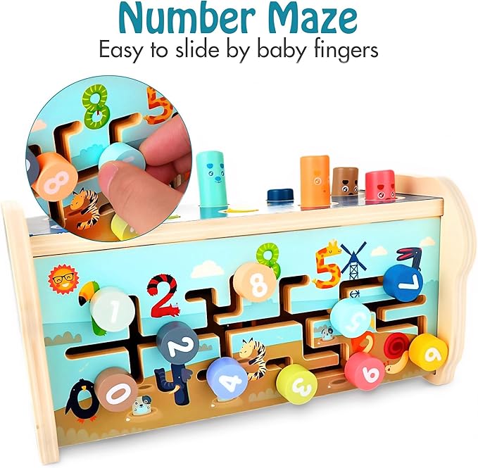 KIDWILL Montessori Pounding Toy for 1 2 Year Olds Wooden Hammering & Activity Board with Xylophone, Number Maze, Pounding Bench Educational Toddler Gift Toys Age 1-3