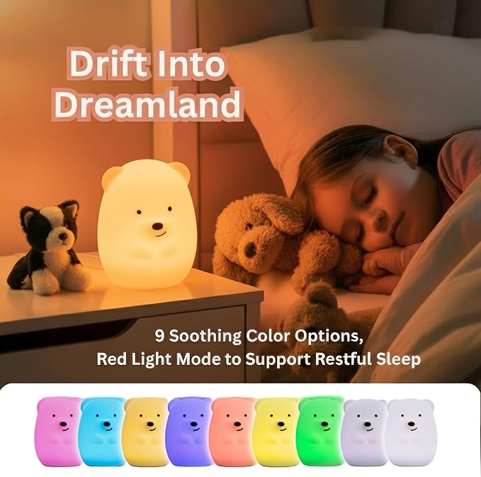 Lumipets Benny The Bear Squishy Silicone Night Light for Kids | Cute Night Light with Remote & Touch Control for Girls & Boys | 9 Color Changing Soft Portable Animal Lamp Comes with USB Cord