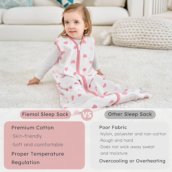 Baby Sleep Sack 0-6 Months, 100% Cotton Sleeping Sack for Newborn and Infant, 3 Pack Baby Wearable Blanket for Boy and Girl, 0.5 Tog Lightweight Double Zipper Sleep Bag Pink Heart