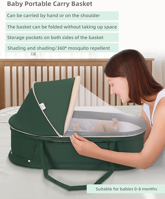 Baby Travel Bassinet Portable with 2 in 1 Canopy for Newborn - Green