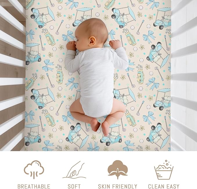 Girly Golf Stripes Bows Floral Baby Crib Sheets for Girls Pastel Blue Golfing Soft Snug Fitted Crib Mattress Covers for 52''x28'' Standard Crib & Toddler Mattress Preppy Girl Sports Nursery Bed Sheets