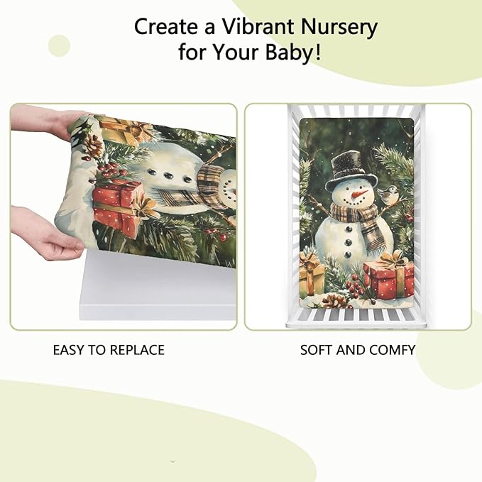 Christmas Theme Fitted Crib Sheet,Woods Snowman and Bird Print Pattern,Standard Crib Mattress Fitted Sheet Ultra Soft Material - Great for Boy or Girl Room or Nursery,28“ x52“,Green