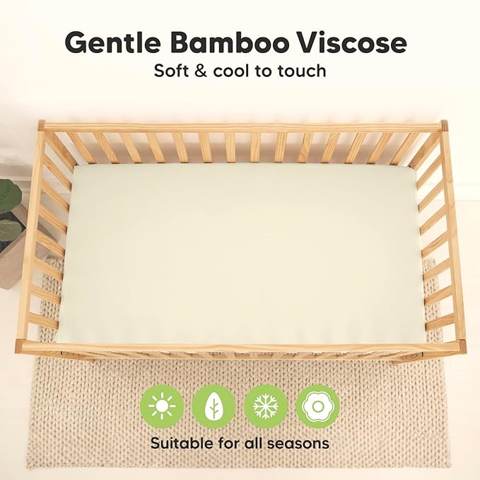 2-Pack Waterproof Baby Crib Sheets for Boys, Girls - 52x28 Viscose Derived from Bamboo Toddler Bed Sheet Neutral, Fitted Crib Mattress Protector Cover for Baby Bedding, Soft & Gentle (Avocado)