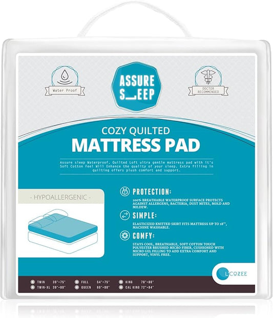 Quilted Fitted Waterproof Mattress Pad Cover - Topper, Stretches up to 18 Inches Deep, Full Size, by Assure Sleep by L’cozee