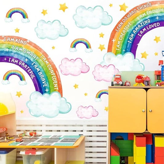 Colorful Rainbow Wall Stickers Inspirational Wall Decal for Kids Boys Girls Bedroom Watercolor Rainbow Walls Decal Peel and Stick Positive Cloud Vinyl Art Murals for Toddler Baby Room Playroom Nursery