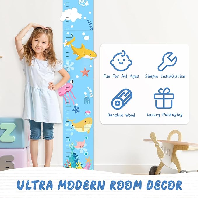 Woodemon Personalized Name Growth Chart, Marine Animals Wooden Growth Chart for Kids, Height Chart for Boys Girls, Measuring Board for Kids Height for Child's Room, Nursery Decor Decoration