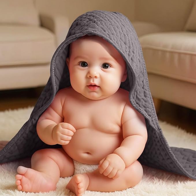 Peryiter 6 Pcs Muslin Hooded Baby Towels, 32x 32'' Cotton Newborn Bath Towel Muslin Infant Baby Blankets Absorbent Unisex Christmas Registry Gift Essentials for Girls Boys (Gray Series)
