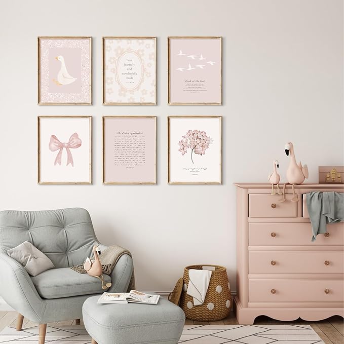 Lhoiplme Nursery Christian Wall Art Bible Verse Prints Pink Girl Nursery Room Canvas Wall Decor Coquette Bow Poster Jesus Boho Scripture Picture Vintage Floral Artwork for Bedroom 8x10x6 Inch Unframed
