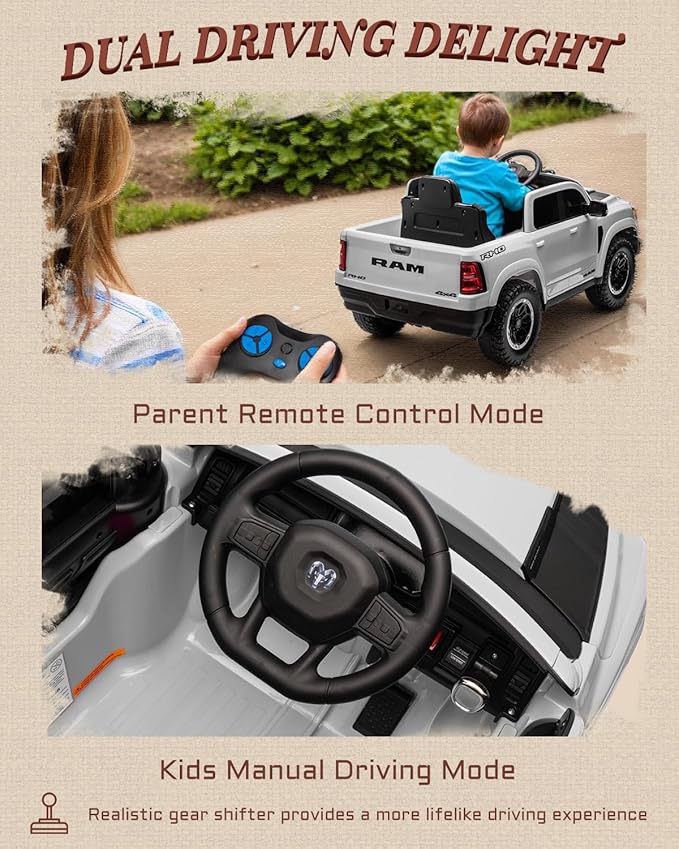 First Ride On Licensed Ram 1500 RHO 12V Kids Ride on Truck, Toddler Ride on Toys with Remote Control, Children Electric Vehicles with Truck Bed Storage, Smooth Start, Music, Bluetooth (White)