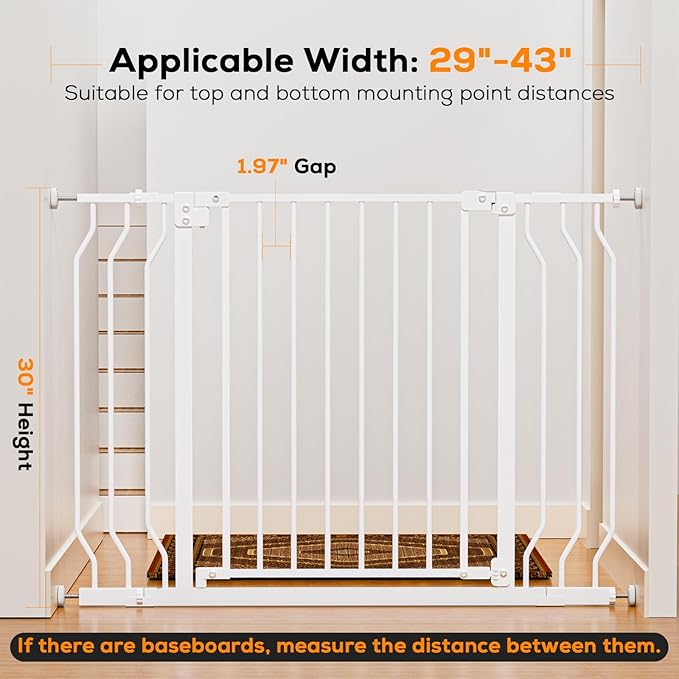 29-43" Baby Gate for Stairs, Baby Safety Essentials, Auto Close Gate for Doorways, Easy Install Pressure Mounted Dog Gate Indoor, Pet Gates for Dogs, White