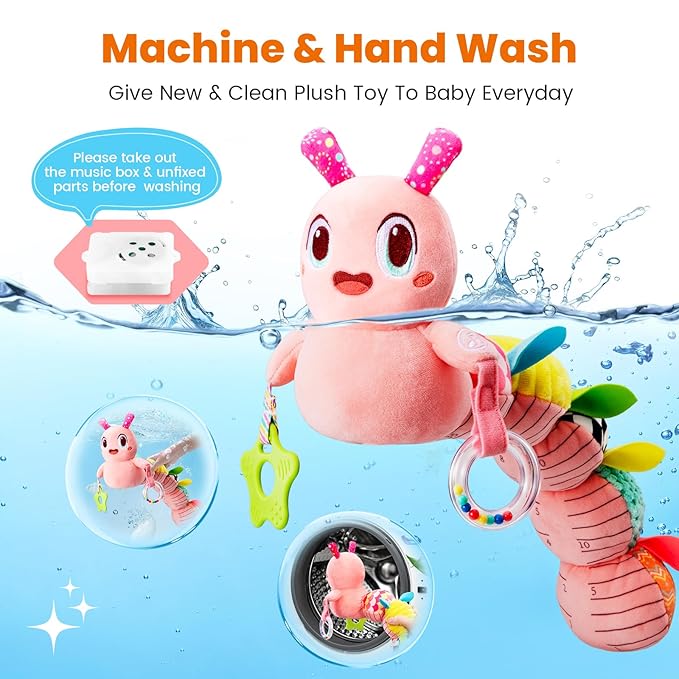 Baby Toys 0-6 Months, Washable Baby Musical Caterpillar Toys with 10 Kid's Songs,Rattles,BabyTeething Toys,Suitable for 0-6, 6-12 Months Infant Tummy Time Toy,Newborn Baby Boy&Gril Gifts(Pink)