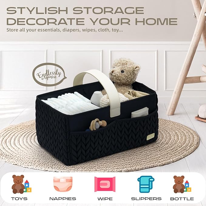LUKJOJO Luxurious Baby Diaper Caddy, Nursery Storage Basket for Newborn Essentials, Travel Baby Basket for Diapers Baby Wipes, Organizer Tote Bag Storage Bin, Baby Shower Gifts(black)
