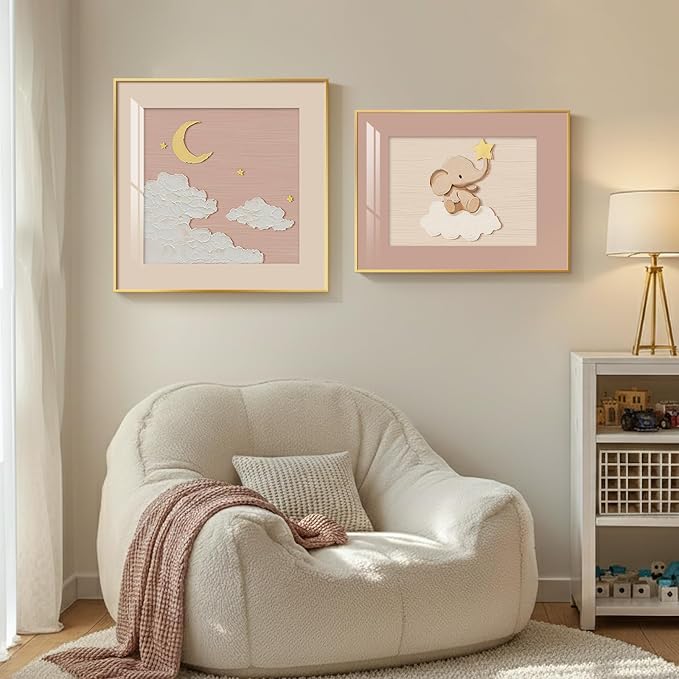 Framed Nursery Wall Art Set of 2, Cute Pink Elephant & Moon Artwork for Kids Room Walls Decor, Soft Neutral Baby Wall Pictures Prints for Bedroom Playroom Nursery Wall Decor, 24x24 & 24x18 Inch