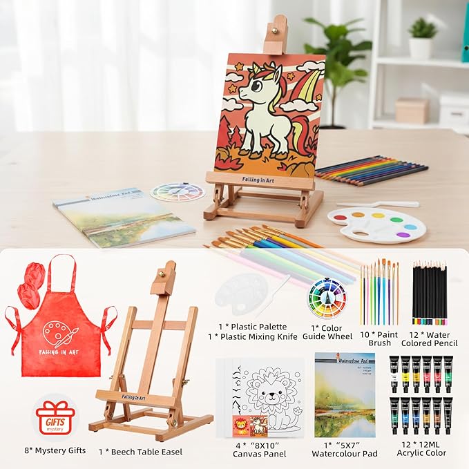Falling in Art 52Pcs Acrylic Paint Set with Table Easel, Art Painting Kit with Acrylic Paints, Canvas Panels, Paintbrushes, Canvas Supplies Kit for Kids, Adults, Beginners, and Artists, Red