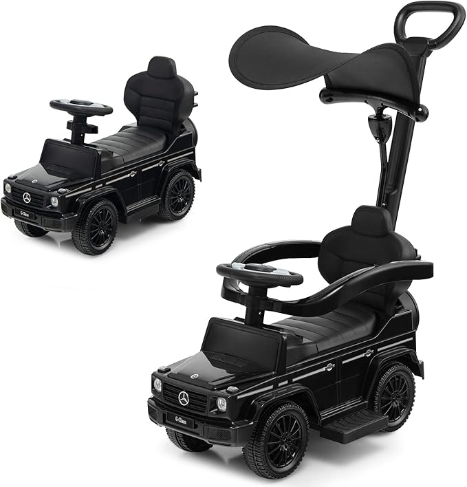 Costzon Push Car for Toddlers, 3 in 1 Mercedes Benz Stroller Sliding Walking Car w/Canopy, Handle, Armrest Guardrail, Underneath Storage, Horn Sound, Foot-to-Floor Ride On Toy for Boys Girls (Black)