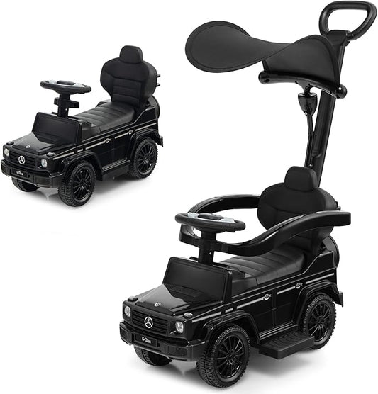 Costzon Push Car for Toddlers, 3 in 1 Mercedes Benz Stroller Sliding Walking Car w/Canopy, Handle, Armrest Guardrail, Underneath Storage, Horn Sound, Foot-to-Floor Ride On Toy for Boys Girls (Black)