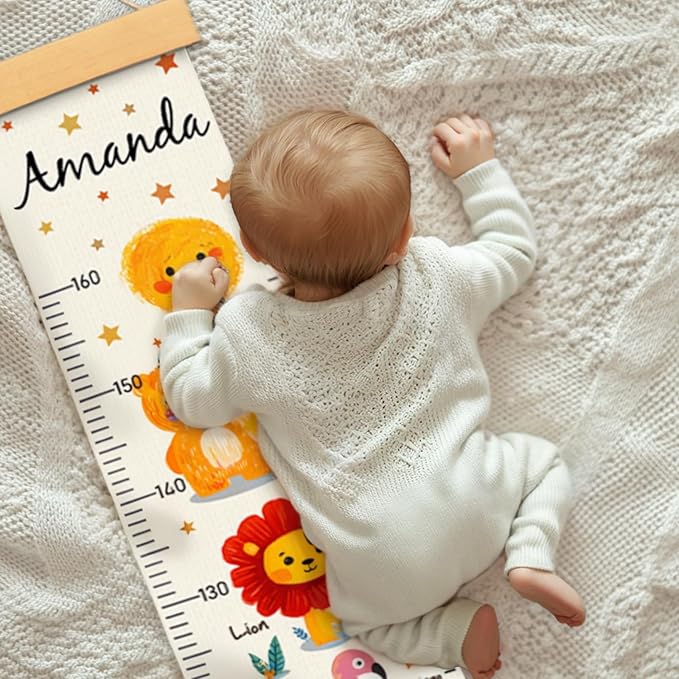 Woodemon Personalized Name Kids Growth Chart, Watercolor Animal Canvas Height Measurement Ruler for Baby, Kids Height Wall Chart for Child's Room Decoration, Waterproof Measuring Wall Ruler