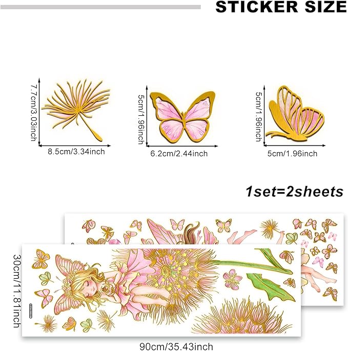 Pink Fairy Flower Wall Decal Large Dandelion Butterflies Wall Decor Peel and Stick Cartoon Style Stickers for Girls Bedroom Baby Nursery Kids Room