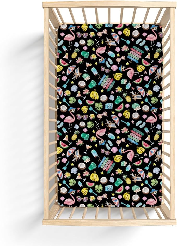 Surf Beach Summer Baby Crib Sheets for Boy Girl 28"x52" Flamingo Tropical Leaves Floral Fruits Soft Stretchy Fitted Crib Mattress Cover Beach Party Vacation Baby Sheet for Crib & Toddler Bed Mattress