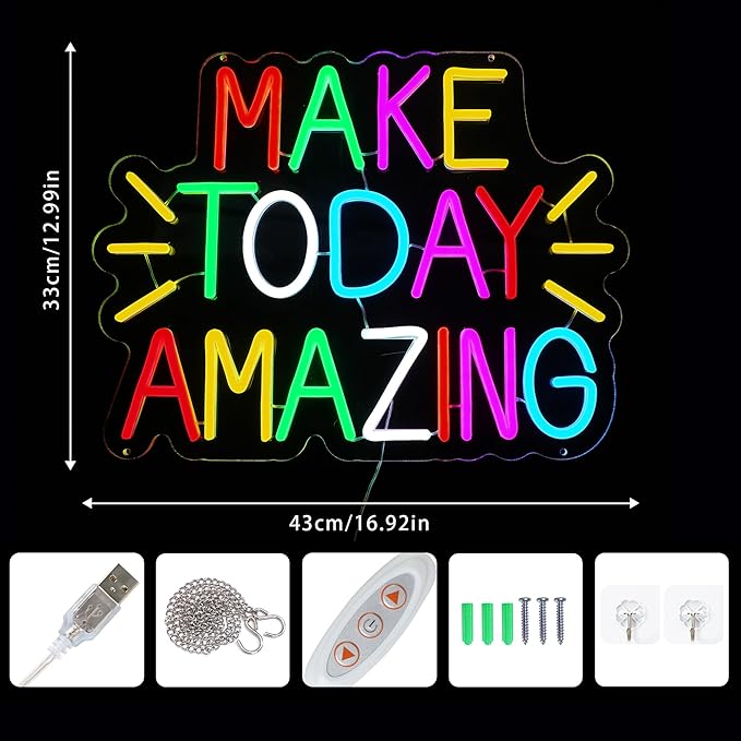 Enuoli Make Today Amazing Neon Sign Wall Decor Letter LED Neon Lights Light Up Signs For Kids Room Dimmable Positive Affirmation LED Neon Light Sign Home Business Wall Art Decor