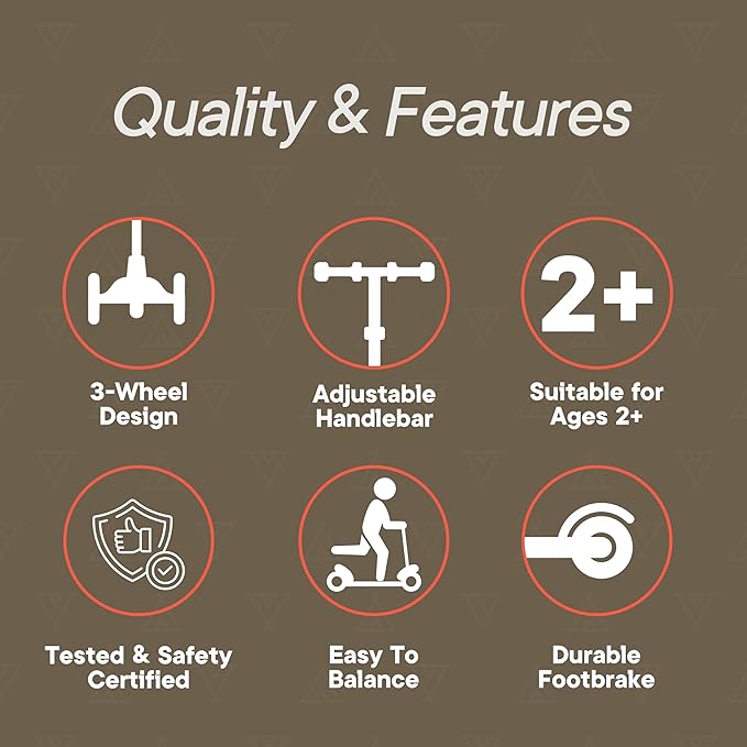 Brown Mini 3 Wheel Scooter for Kids – Lean-to-Steer with LED Light-Up Wheels, Adjustable Handlebar, Wide Anti-Slip Deck, Smooth PU Wheels, Rear Foot Brake – Toddler Scooter for Ages 2+