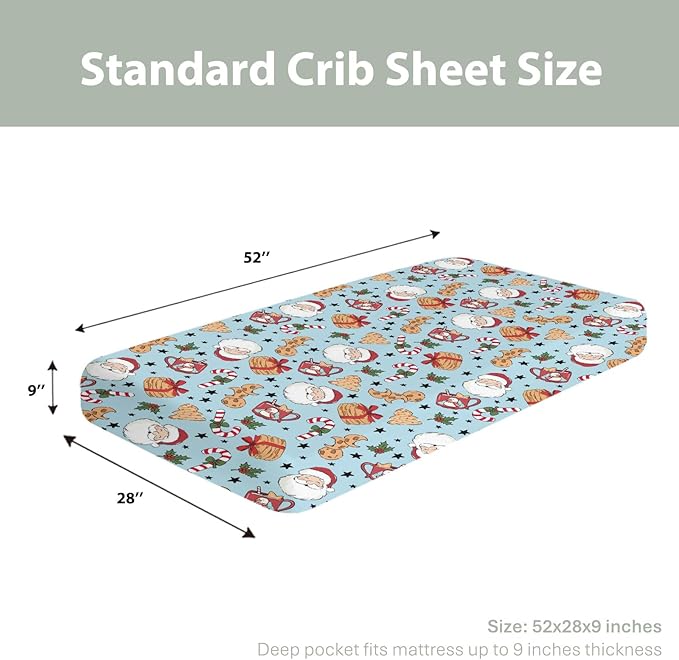 Sweet Christmas Blue Baby Crib Sheets for Boy Girl 52x28 Santa Claus Cherry Fir Candy Soft Snug Fitted Crib Mattress Cover Winter Holiday Festival Baby Sheet for Standard Crib & Toddler Bed Mattress
