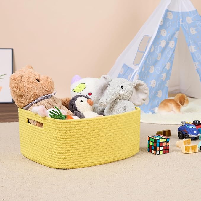 MiniArk Large Storage Baskets for Shelves, Closet Organizers Bins for Clothes Blanket Towels, Baby Nursery, Toy Baskets Box, Woven Rope Baskets, 17 x 13 x 7.5”, 3 Packs Yellow