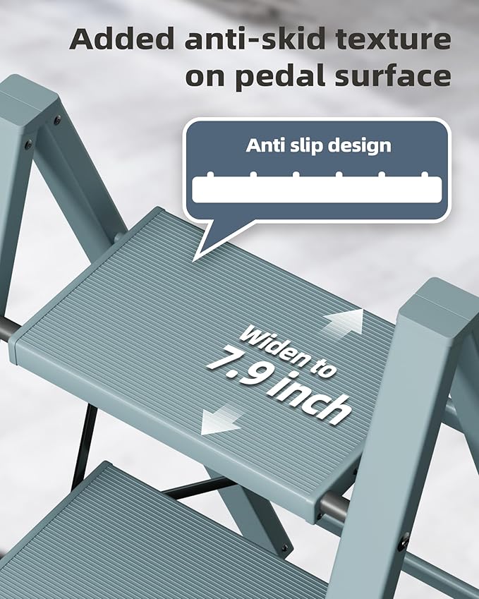 HillhutApex 3 Step Stool, Aluminum Foldable Step Ladder, Lightweight Stable Stool with Wide Non-Slip Pedals, 330lbs Bearing Capacity Ladder for Office,Home,Kitchen - Light Blue