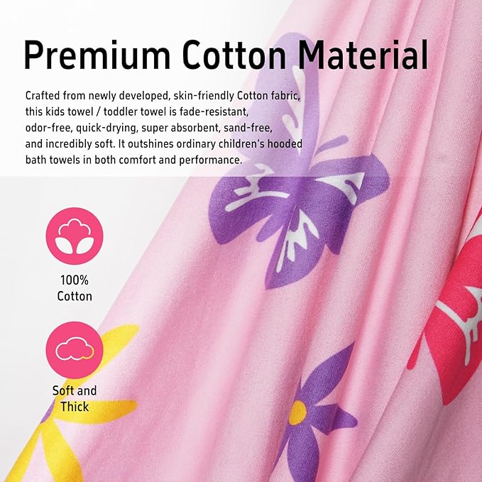 Thickened Hooded Towels for Kids Suitable Girls Boys Kids Bath Towels, 35"x60" Super Absorbent, Flower Cute Cartoon Toddler Towels Multi-Purpose for Beach, Pool and Bathroom
