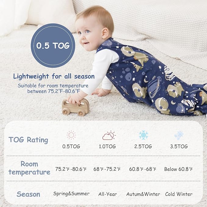 Looxii Baby Sleep Sack 0.5 TOG, 100% Cotton 3 Pack Wearable Blanket Baby Sleep Bag for Newborn Infant, 2-Way Zipper Lightweight Toddler Sleeping Sack 6-12 Months