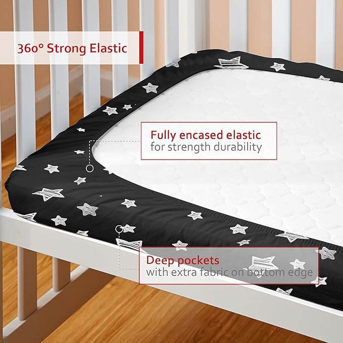 Pack and Play Sheets Fitted, Breathable Thick Playard Lovely Print Cover 39"×27"×5" Compatible with Graco Pack n Play, Black Star