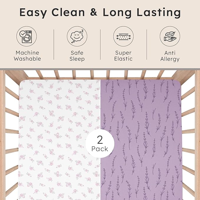 Baby Crib Sheets for Boys Girls Neutral, 2 Pack Crib Mattress Sheet for Standard Crib and Toddler Mattress, Super Soft Breathable Fitted Crib Sheet, 52" x 28"